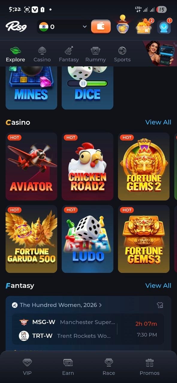 RS9 cricket betting interface showing live match odds for IPL games