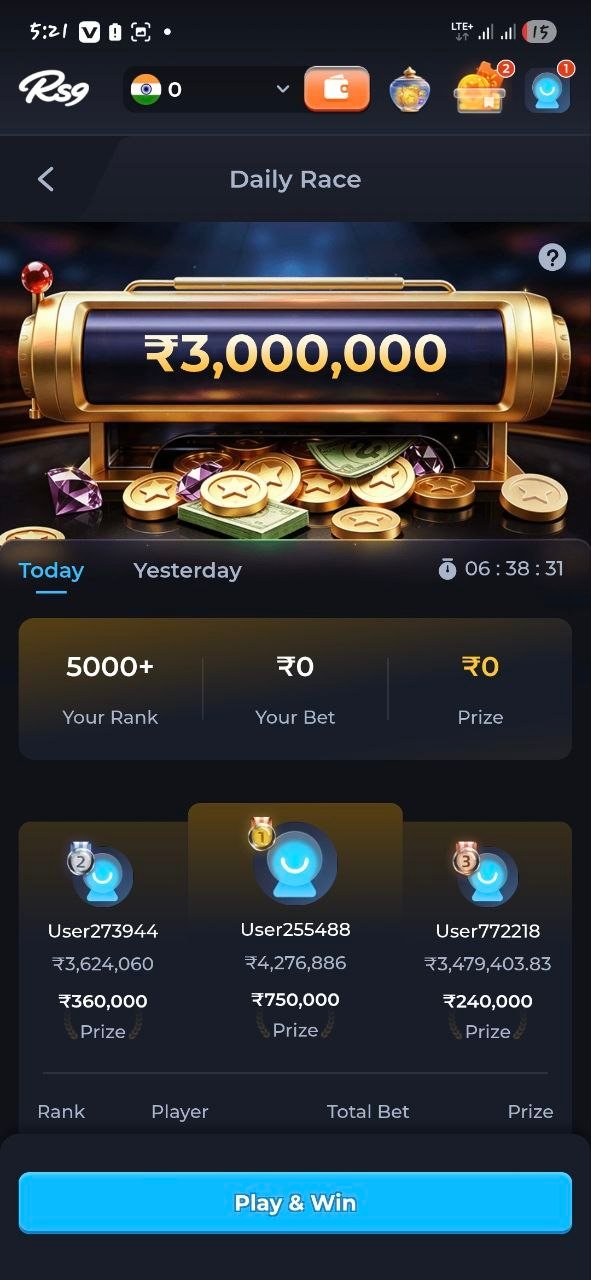 3D slot machine game interface on RS9 app with jackpot payout